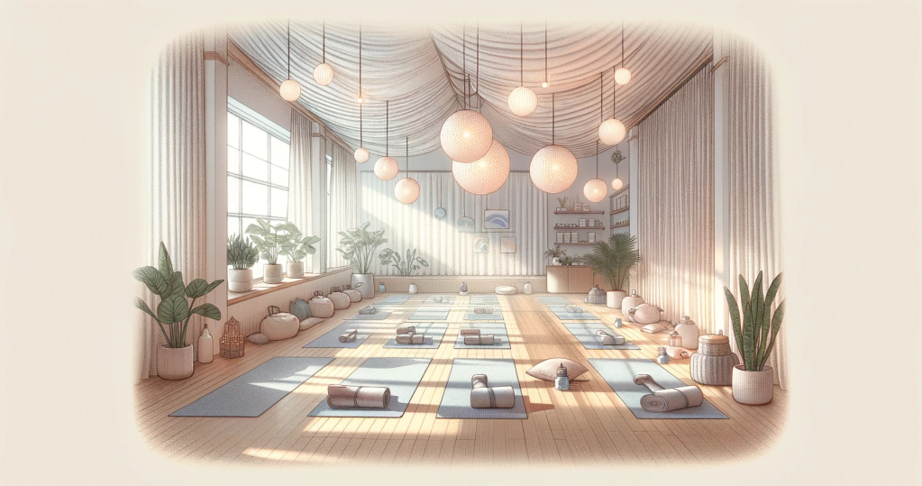 A Serene and Safe Yoga Environment: This illustration captures a calm, inviting yoga studio designed specifically for trauma-sensitive practices, emphasizing peace, security, and a nurturing atmosphere.
