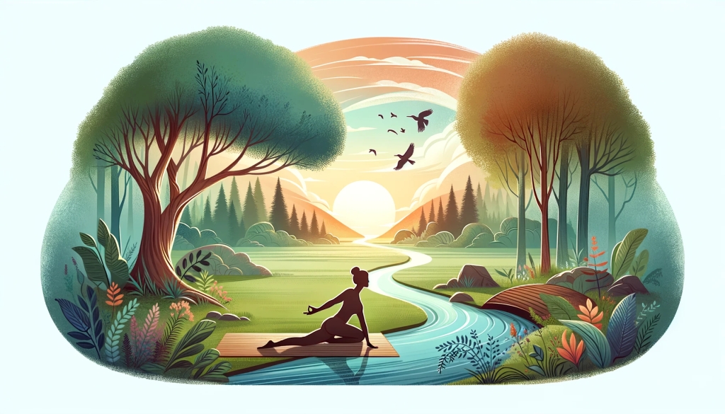 Practicing Yoga in a Peaceful Outdoor Setting: illustration shows an individual engaging in trauma-sensitive yoga in a serene outdoor setting, connecting with nature to enhance the healing process, surrounded by a tranquil landscape that promotes grounding and stability.
